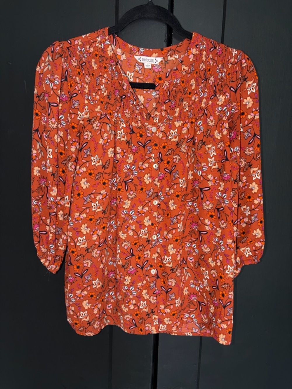 Nannette Floral Button-Front Rust Blouse with Pink & Cream Accents